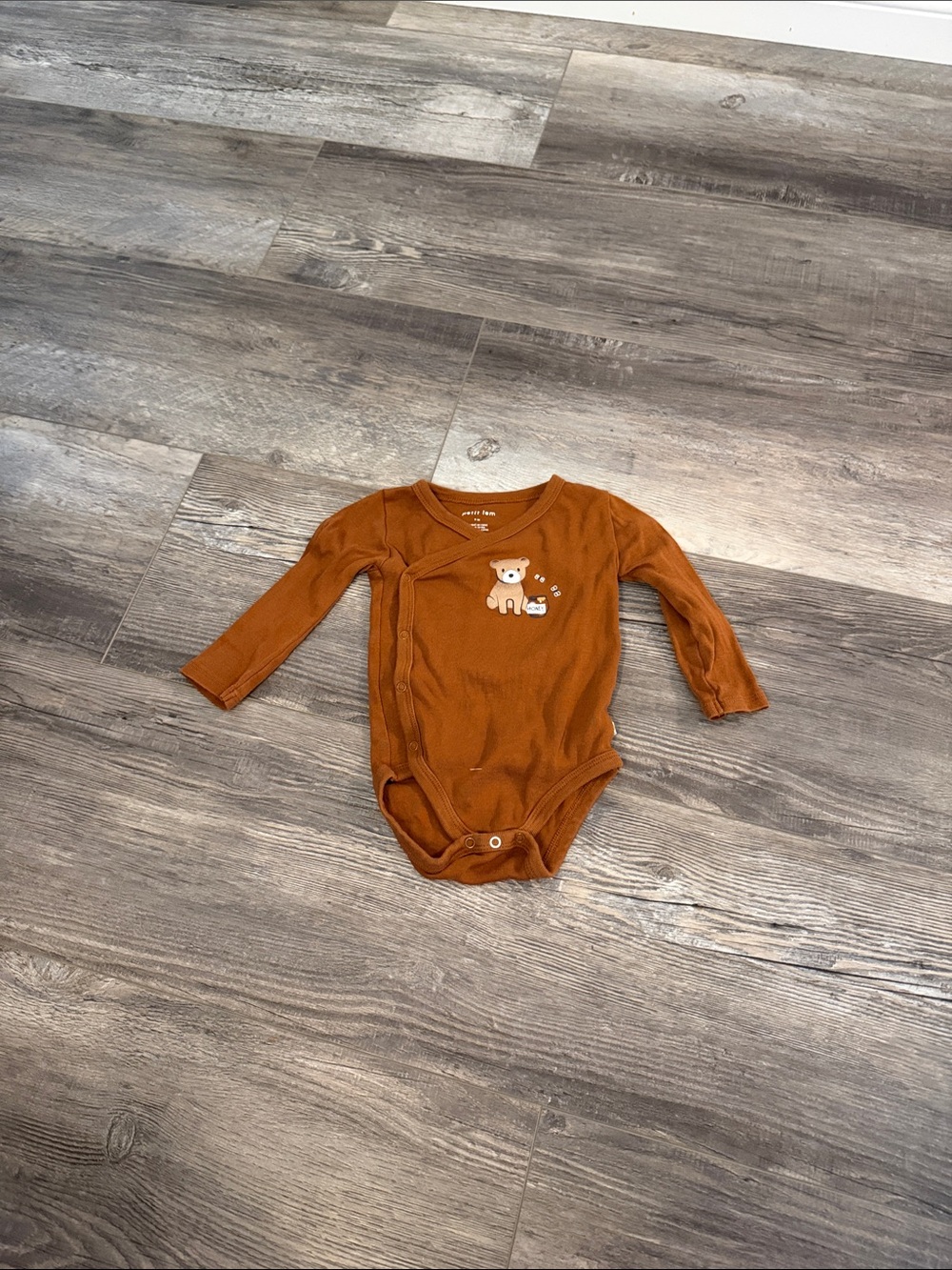 Petit Lem Rust Brown Baby One-Piece Bodysuit with Bear Applique